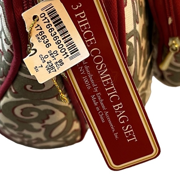 Enchante’ Accessories Inc 3 Piece Cosmetic Bag Set Maroon Gold Tan Scroll Design - Picture 5 of 6